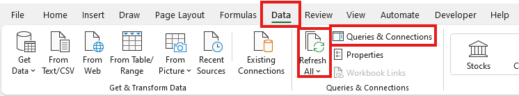 Data > Queries & Connections > Refresh All